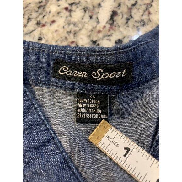 Caren Sport Blouse Size 2XL 100% Cotton button pleated tie back long sleeve blue - Picture 3 of 9